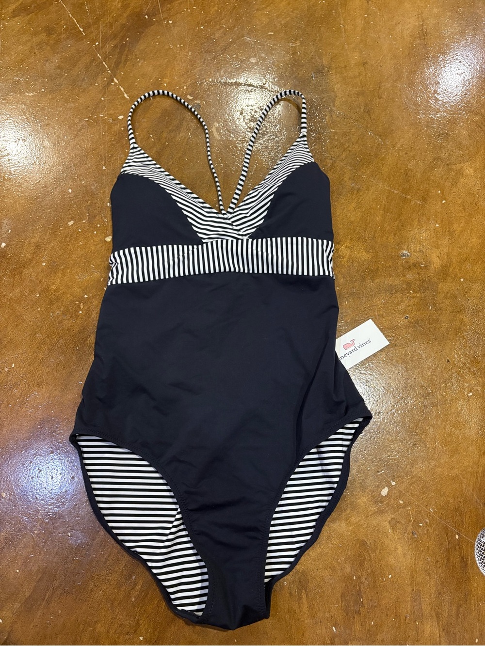 Vineyard Vines Black and White Striped One-Piece Swim Bodysuit